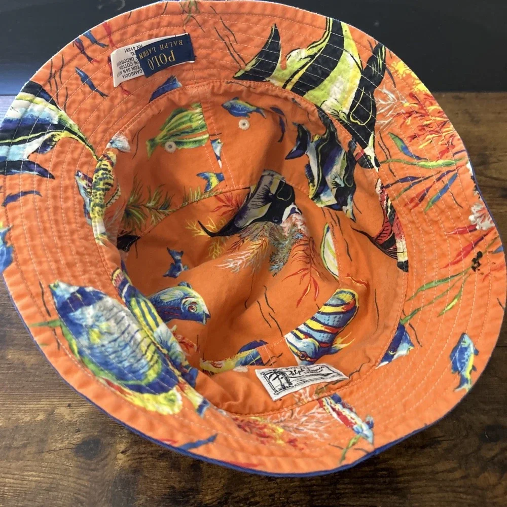 Polo Ralph Lauren Polo Bucket Hat Cap L/XL‎ Reversible Swim Swear Fish Blue